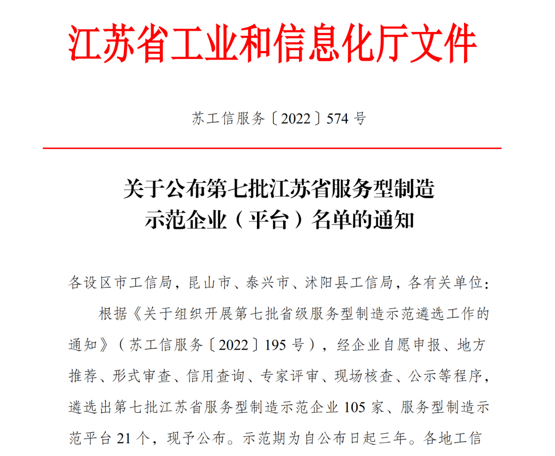 蘇州冠科工業設備有限公司獲評江蘇省服務型制造示范企業